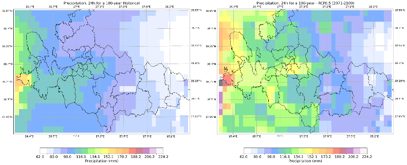 24h precipitation maps for 100-year event: Historical vs RCP8.5